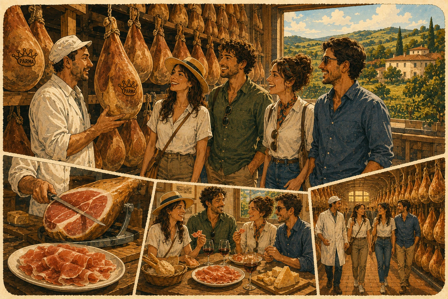 Prosciutto di Parma producer tour with curing rooms, hanging hams, slicing demonstration, countryside, and tasting