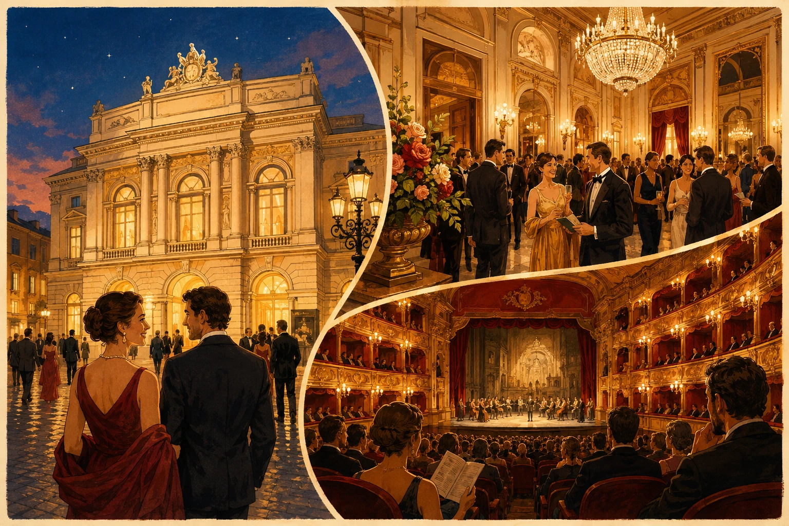 Teatro Regio experience with auditorium, gilded balconies, stage, backstage areas, foyer, and musical scores