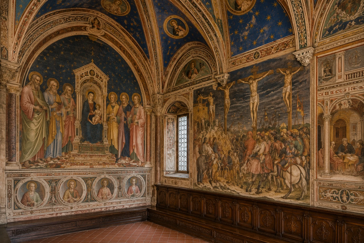 Frescoed Renaissance interior in Parma with painted vaults, religious scenes, decorative arches, and wooden panels