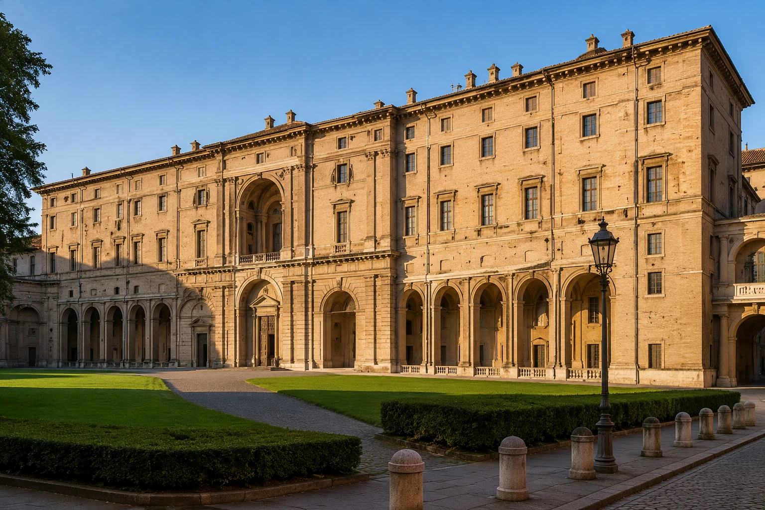 Palazzo della Pilotta in Parma with monumental facade, arcades, courtyard, lawn, and historic lamps