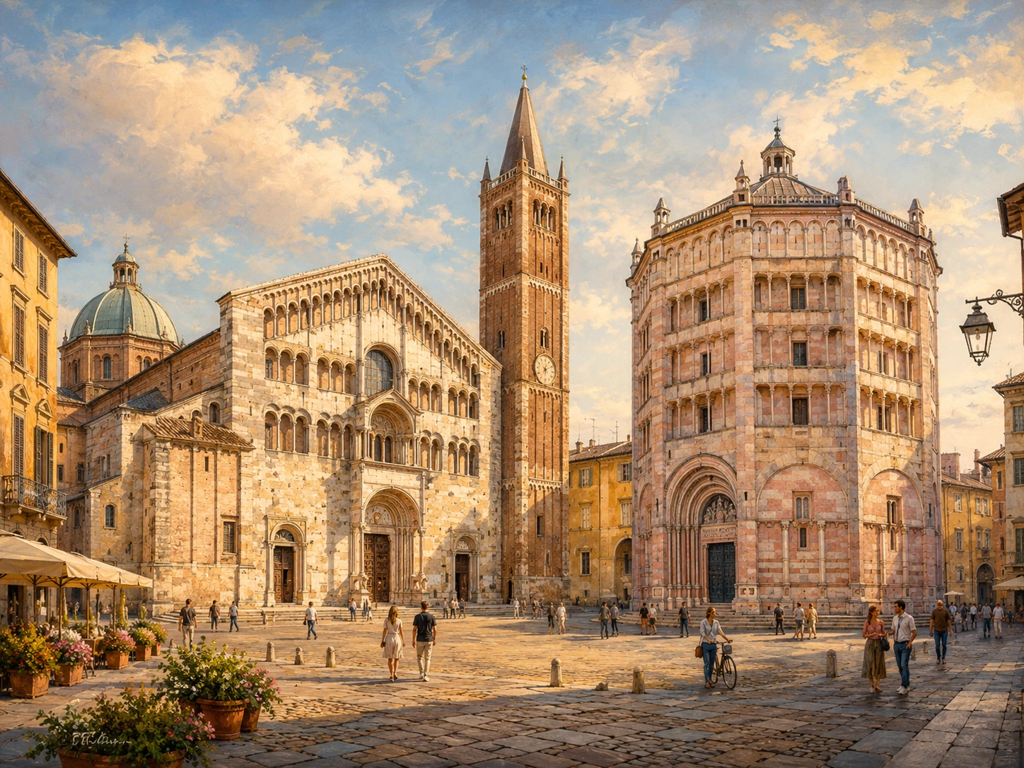 Parma Cathedral, bell tower, and pink-marble Baptistery around a historic Italian square