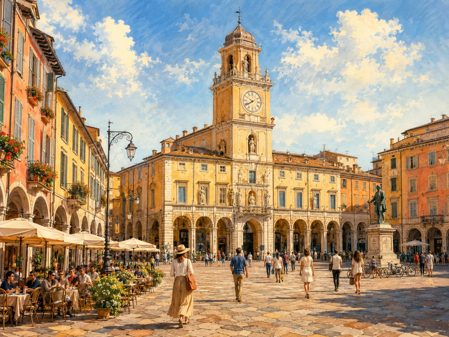 Piazza Garibaldi in Parma with clock tower, arcades, statue, cafes, cyclists, and pedestrians