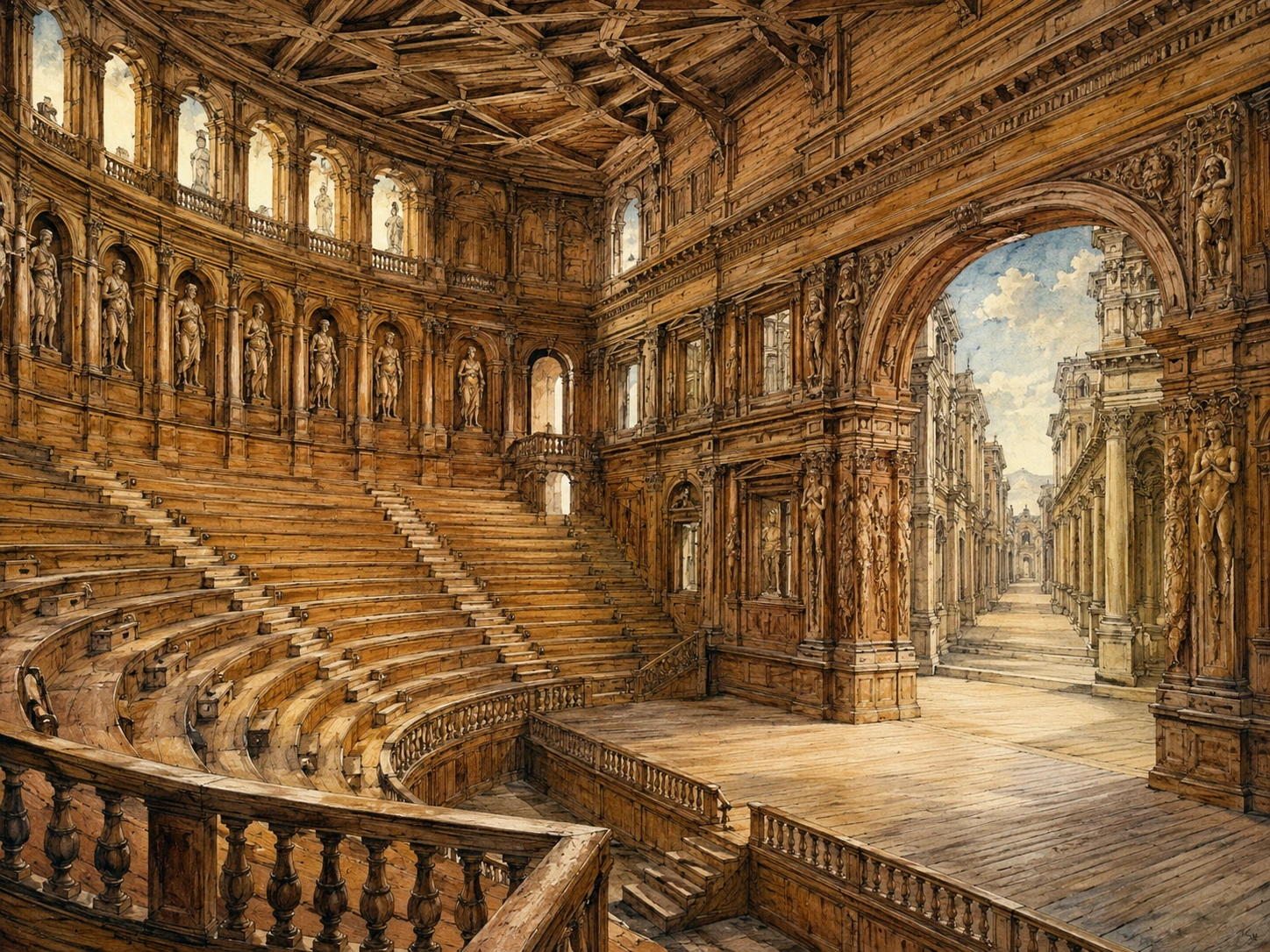 Teatro Farnese in Parma with monumental wooden seating, arches, statues, stage, and galleries