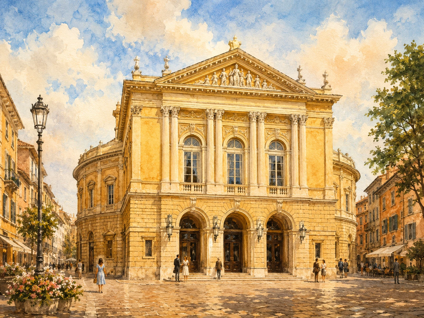 Teatro Regio di Parma with classical facade, columns, arches, statues, and sunlit square