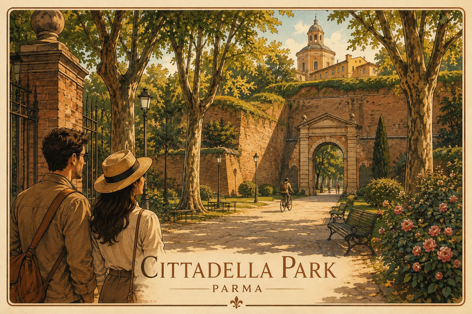 Cittadella Park in Parma with historic gate, green ramparts, paths, trees, runners, pond, and play area