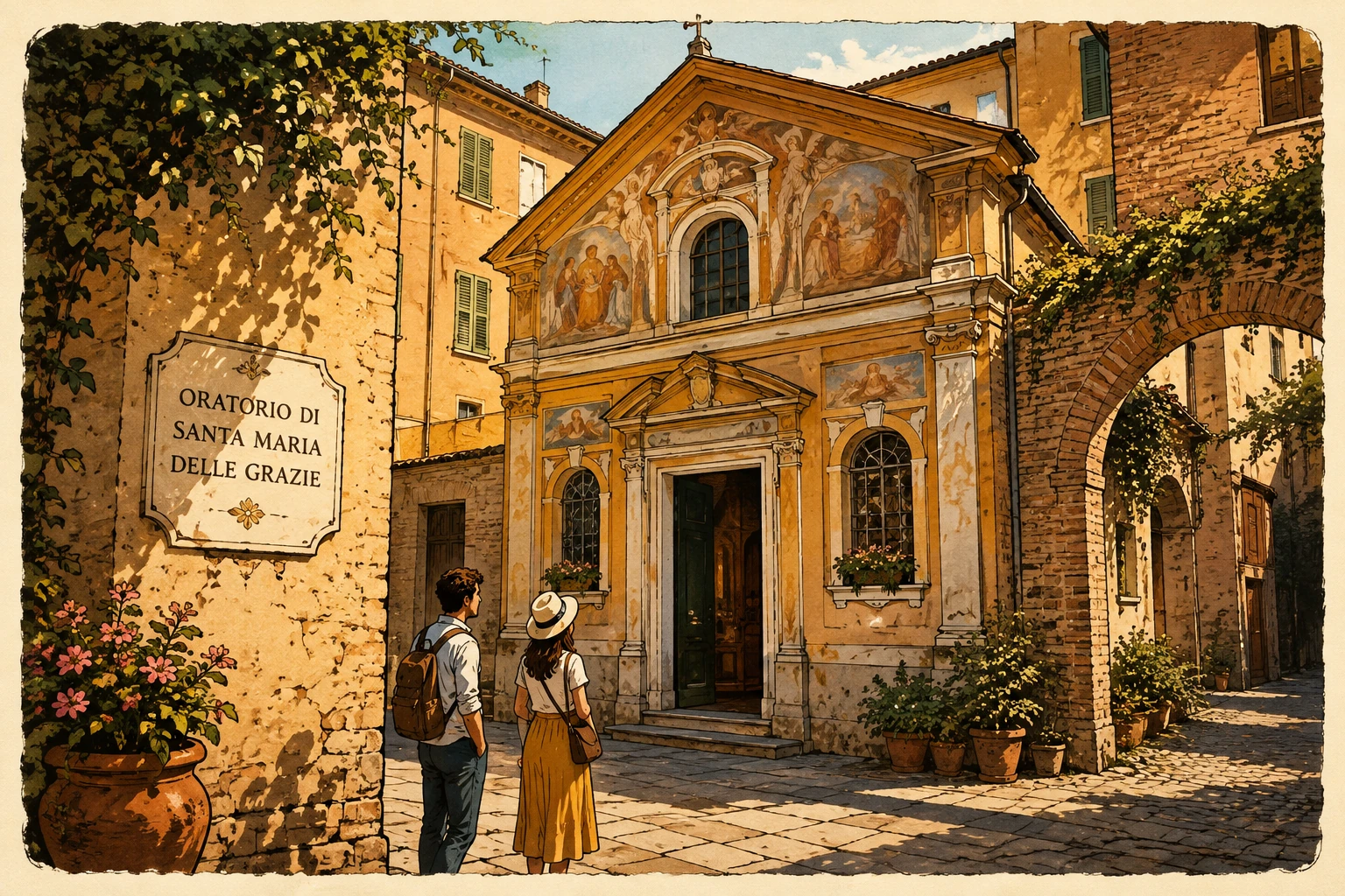 Oratorio di Santa Maria delle Grazie in Parma with historic exterior, frescoed chapel, religious paintings, and ornate interior