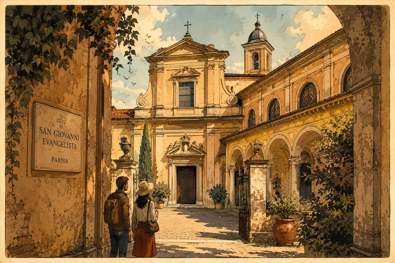 San Giovanni Evangelista in Parma with church facade, frescoed interior, Renaissance dome, artworks, and cloister