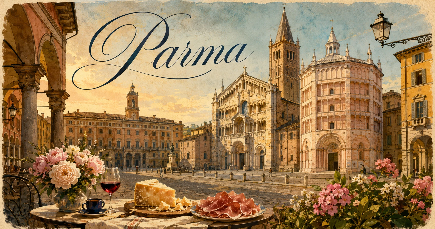Parma historic center with cathedral towers, elegant streets, warm evening light, and Emilian architecture