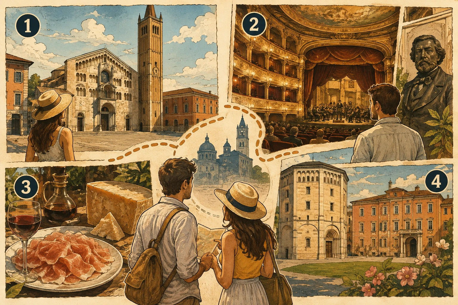 Elegant frescoed gallery opening into a historic opera house with red seats, gilded balconies, sculptures, and paintings