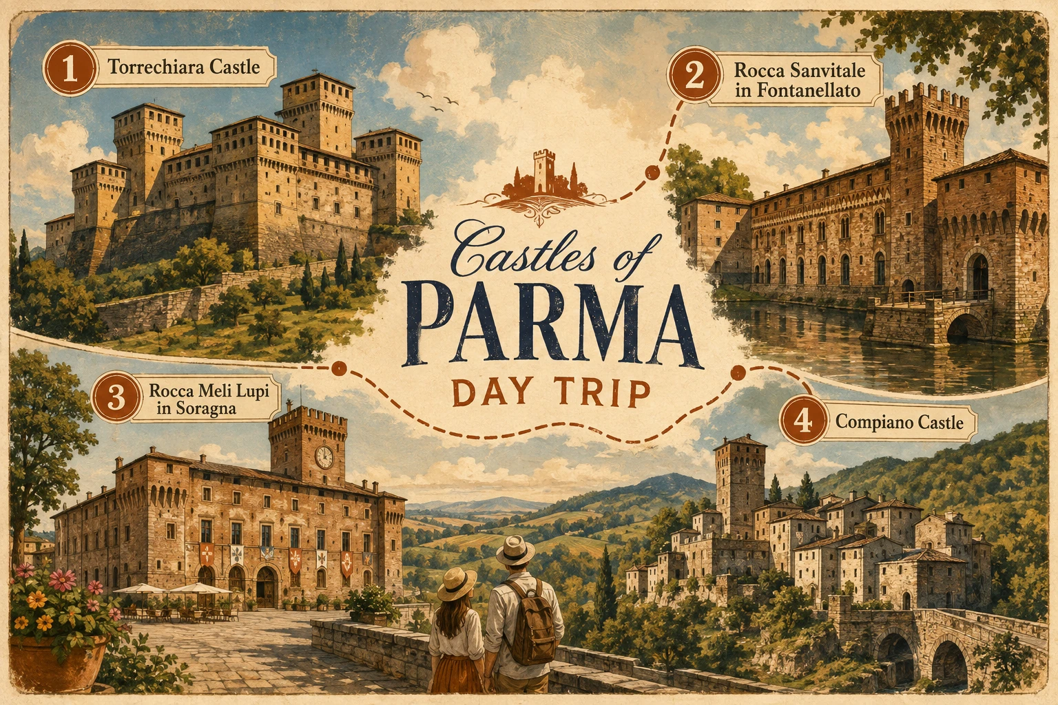 Historic castles in the Parma countryside surrounded by green hills, villages, stone bridges, and blue sky