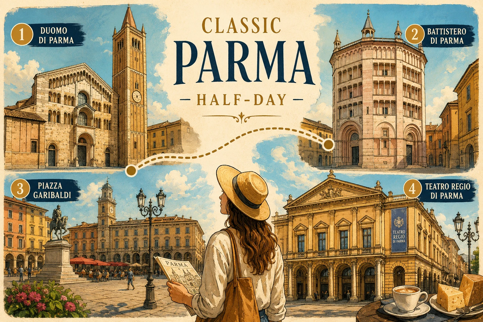 Parma cathedral square at golden hour with cathedral, Baptistery, bell tower, cafes, and cobblestones