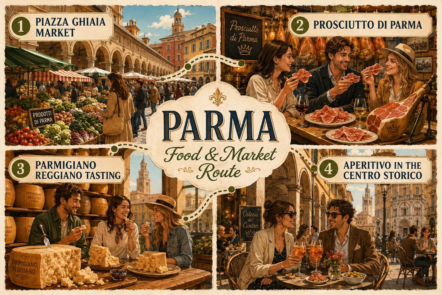 Parma market street with hanging prosciutto, Parmigiano Reggiano, salumi, vegetables, shops, and shoppers