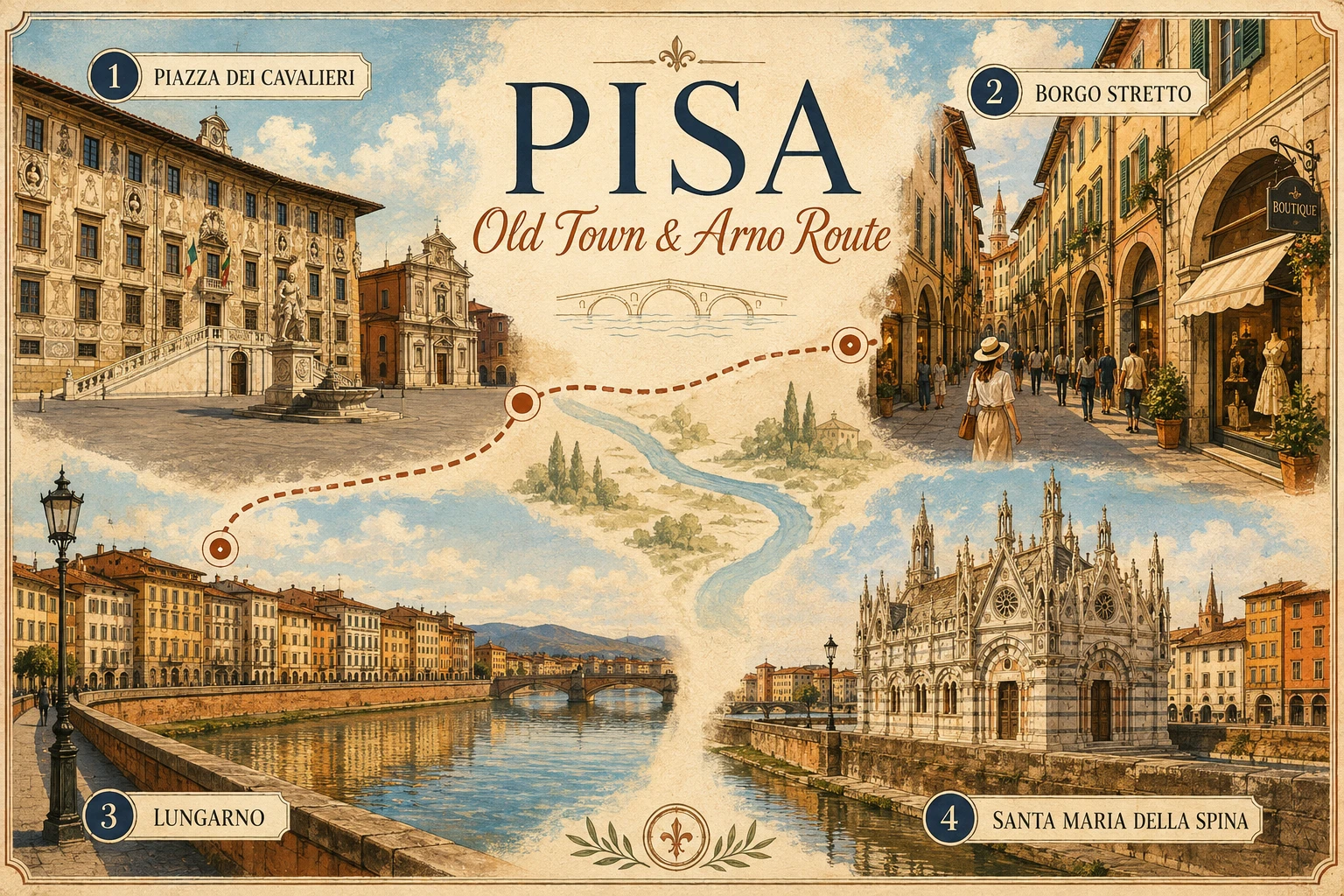 Complete Pisa Old Town and Arno route infographic with Lungarno, Borgo Stretto, Piazza delle Vettovaglie, Santa Maria della Spina, Ponte di Mezzo, map, and walking times