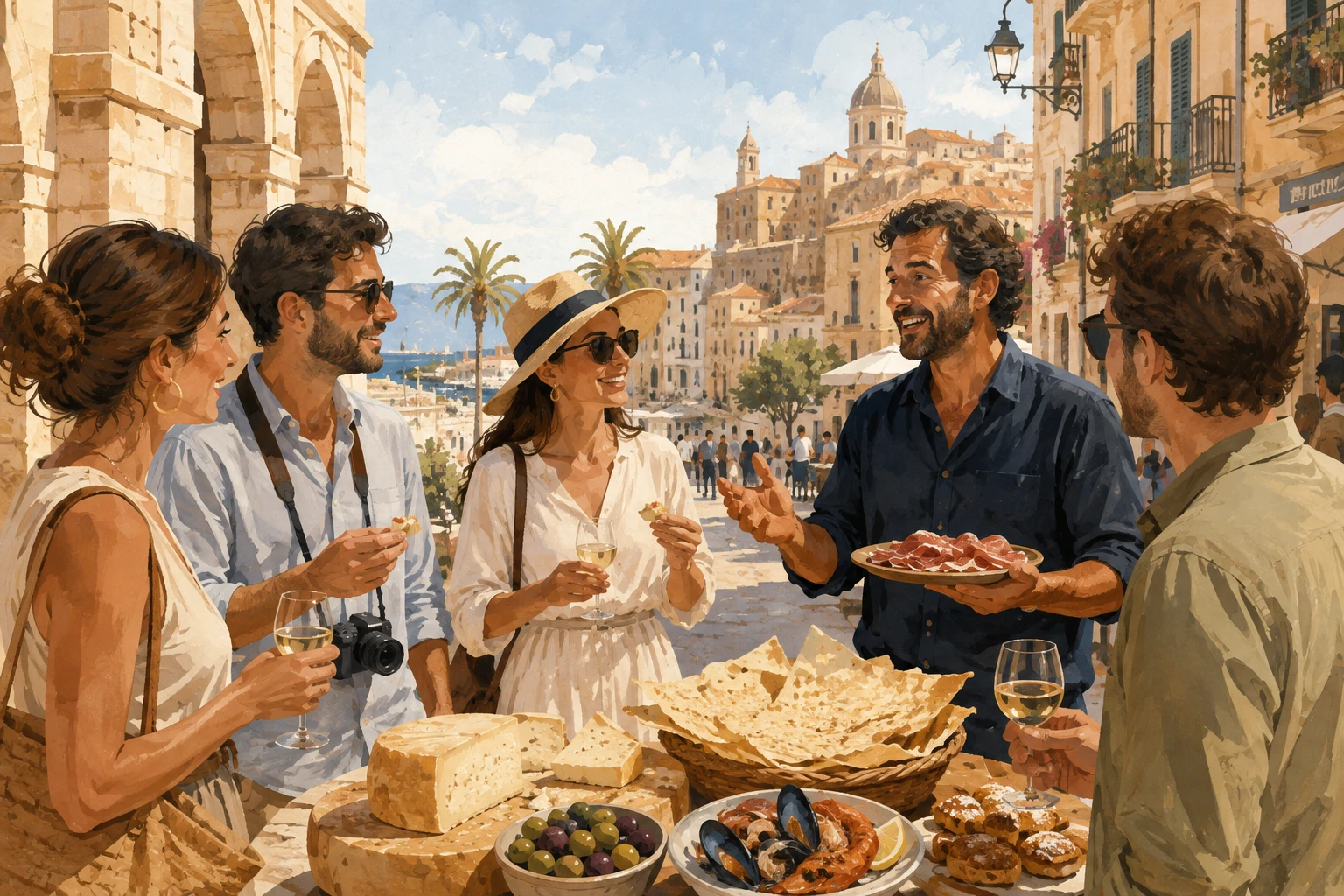 Cagliari food tour with local seafood, cured meats, cheese, pasta, and Sardinian wine