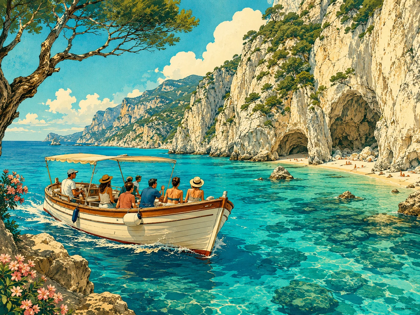 Small tour boat cruising beside limestone cliffs and turquoise beaches in the Gulf of Orosei