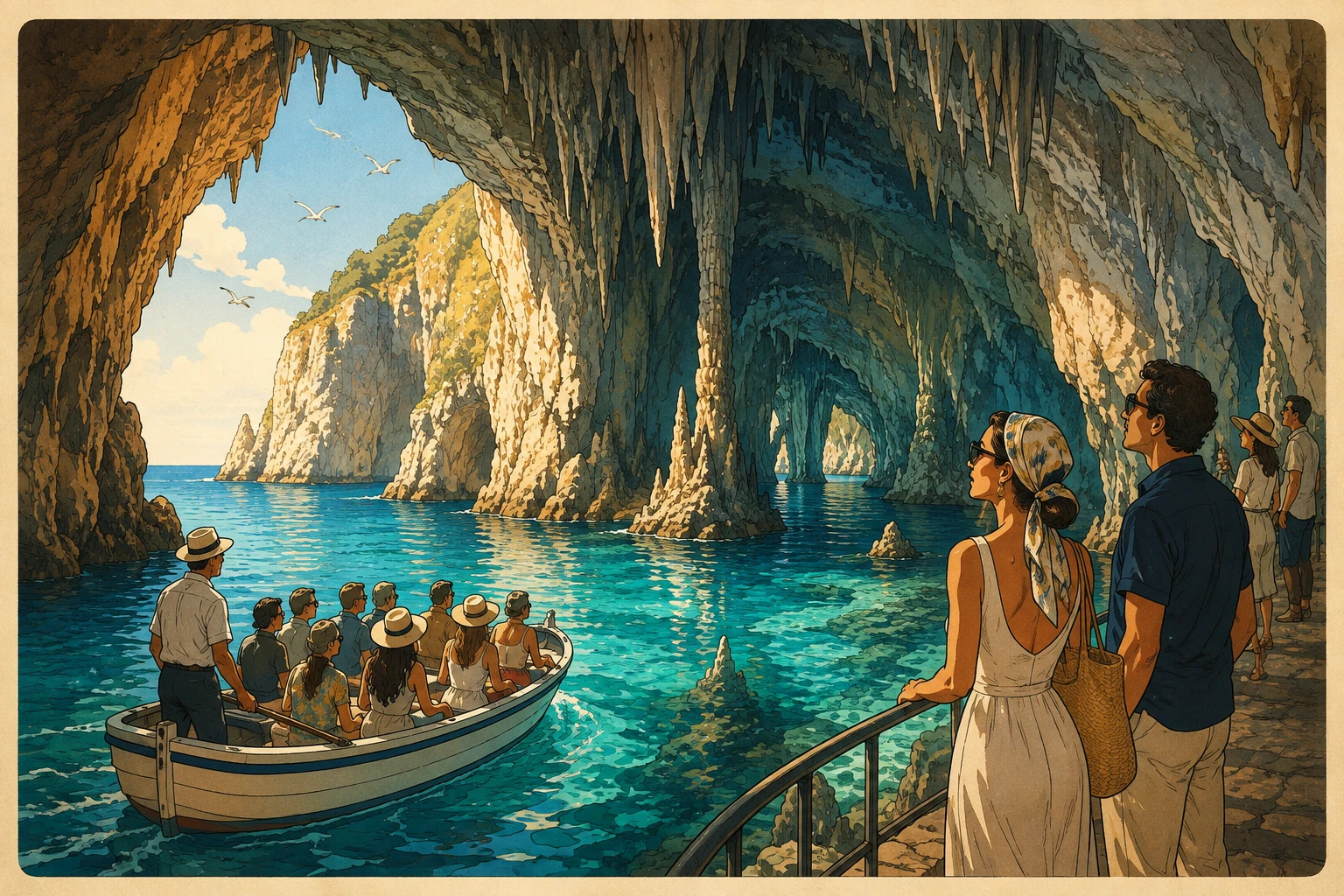 Neptune's Grotto near Alghero with stalactites, underground water, and visitors