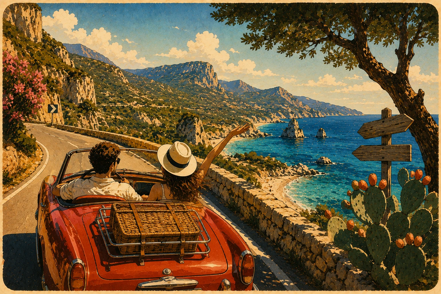 Scenic Sardinia coastal road with a car, turquoise sea, cliffs, and panoramic viewpoints