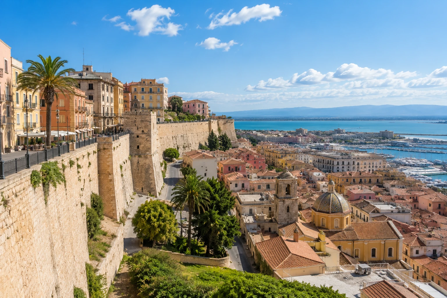 Cagliari Castello district above terracotta rooftops and the Mediterranean harbor