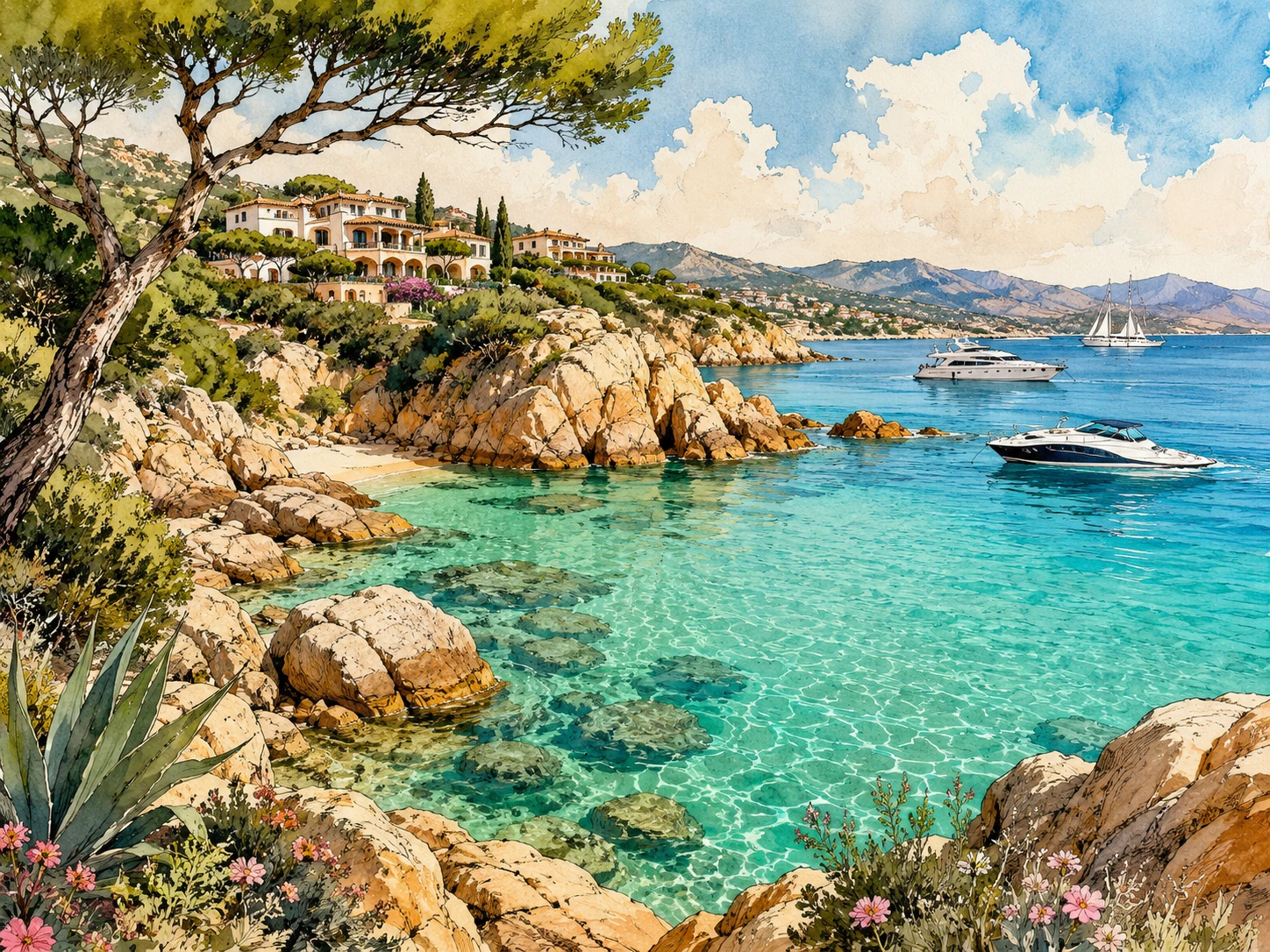 Costa Smeralda coastline with turquoise water, granite rocks, and Mediterranean villas