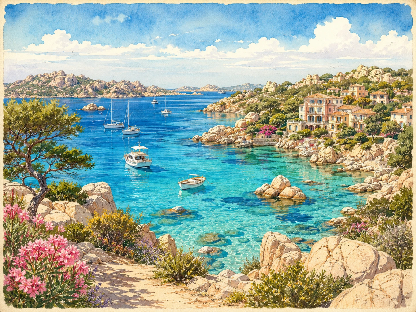 La Maddalena Archipelago with clear turquoise water, granite islands, boats, and coves