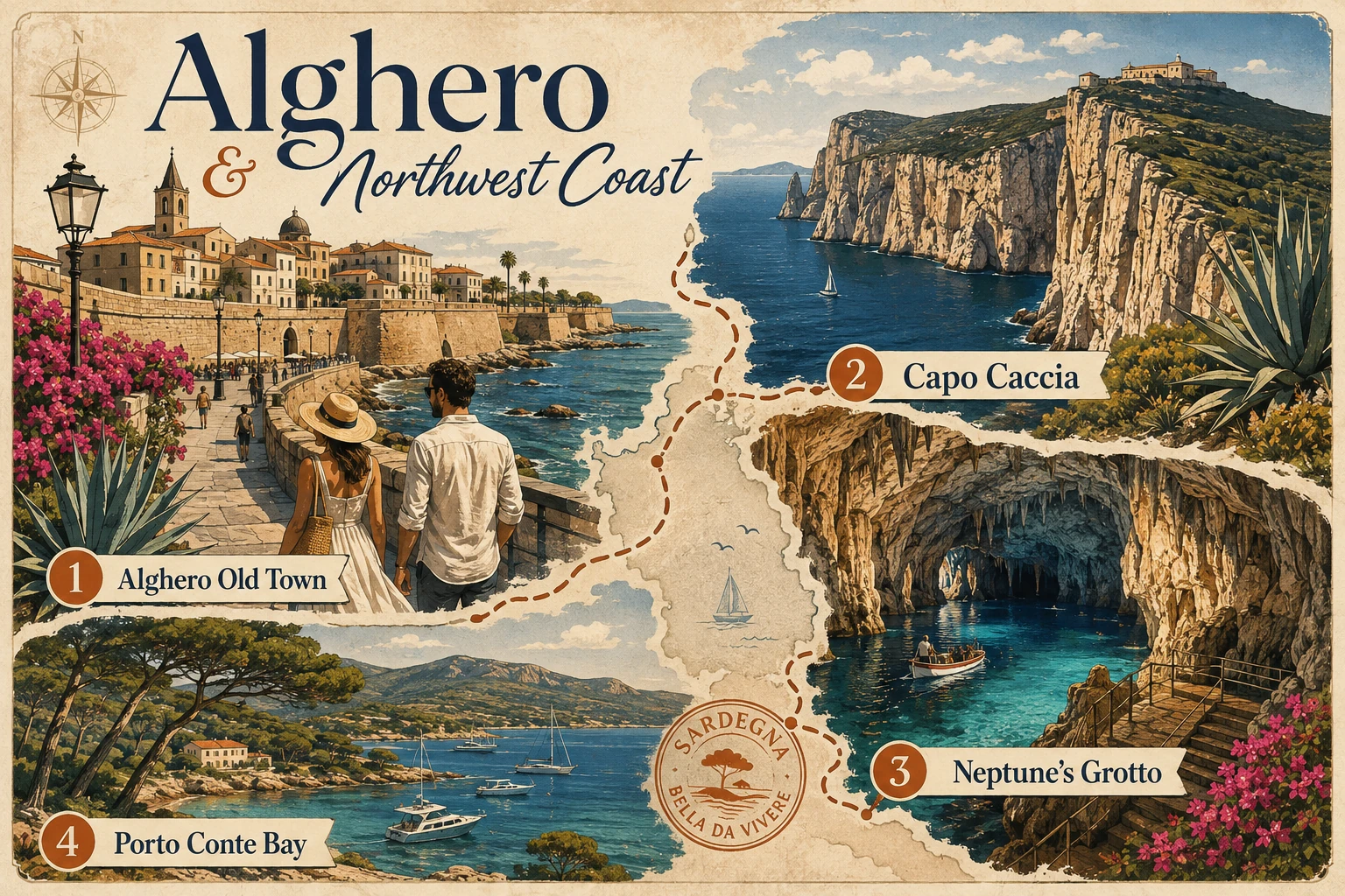 Northwest Sardinia coastal route with Alghero, Capo Caccia cliffs, and Mediterranean scenery