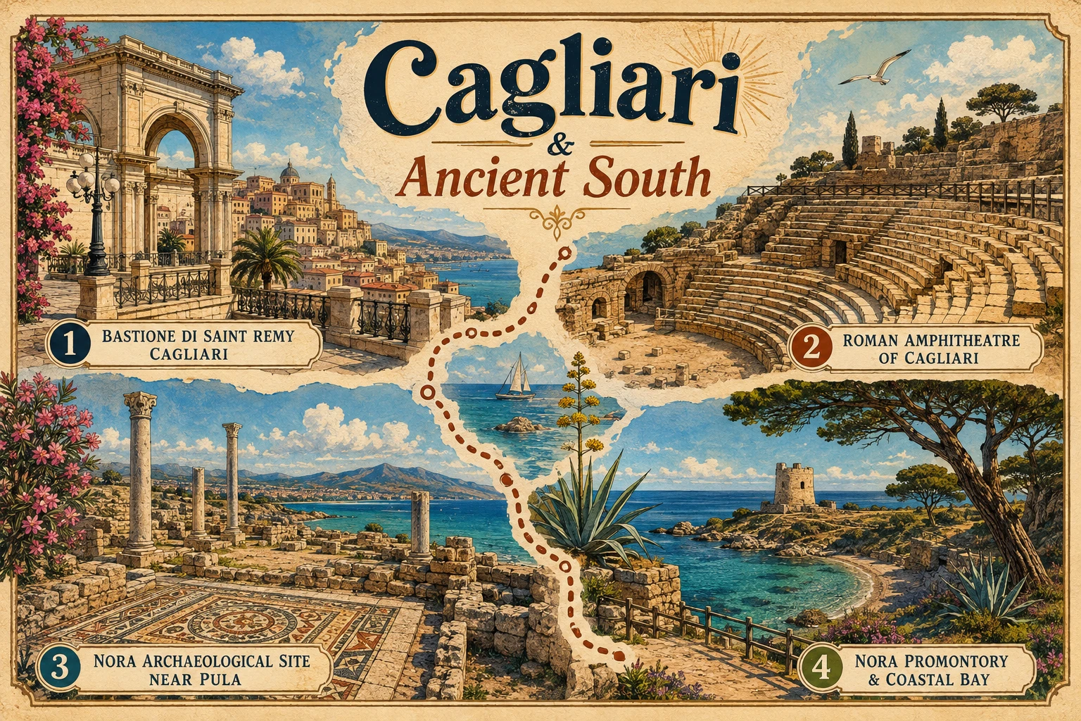 Southern Sardinia route with Cagliari, ancient ruins, coastline, and clear beaches
