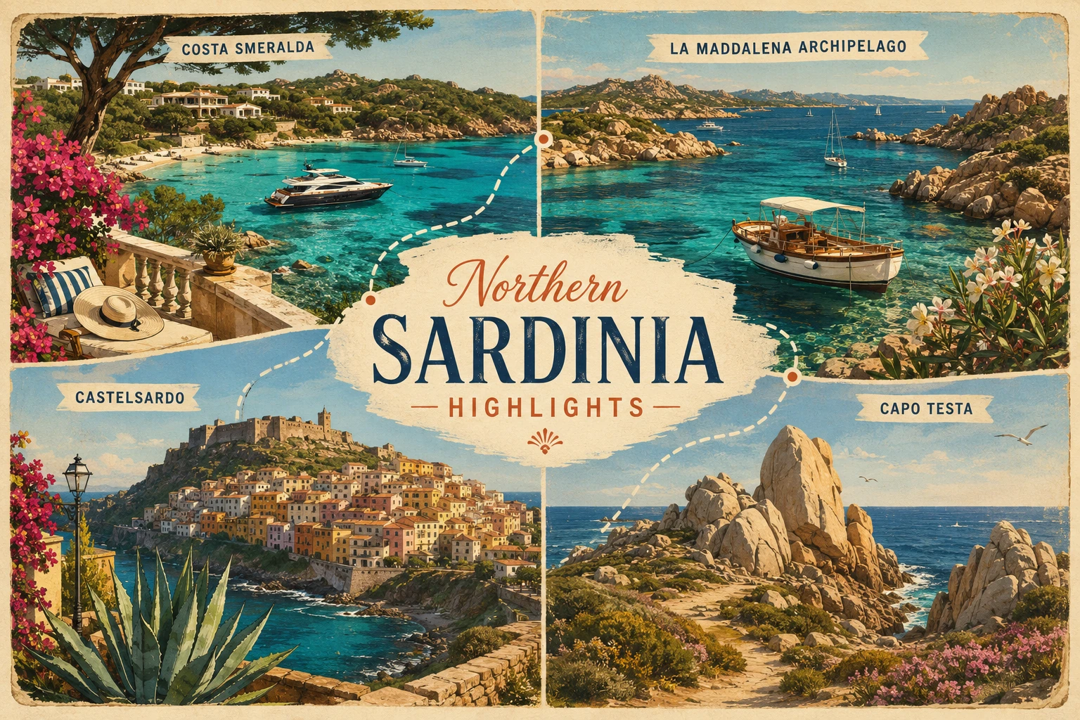 Northern Sardinia coast with turquoise bays, granite islands, villages, and sailboats