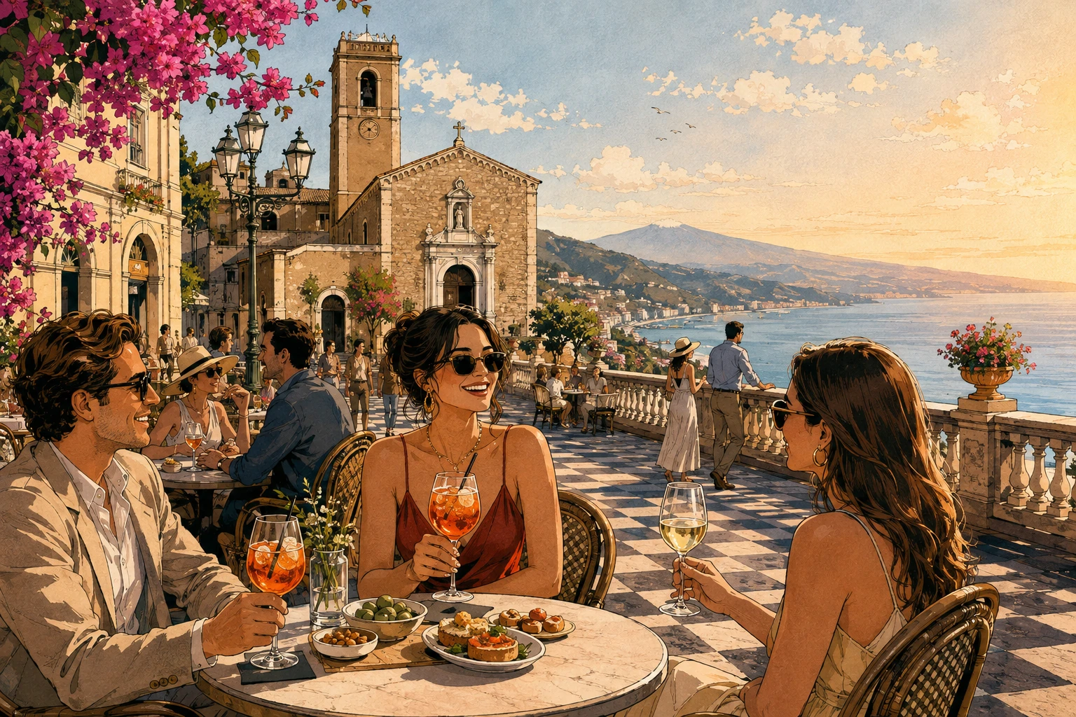 Illustration of aperitivo overlooking the coast from Piazza IX Aprile