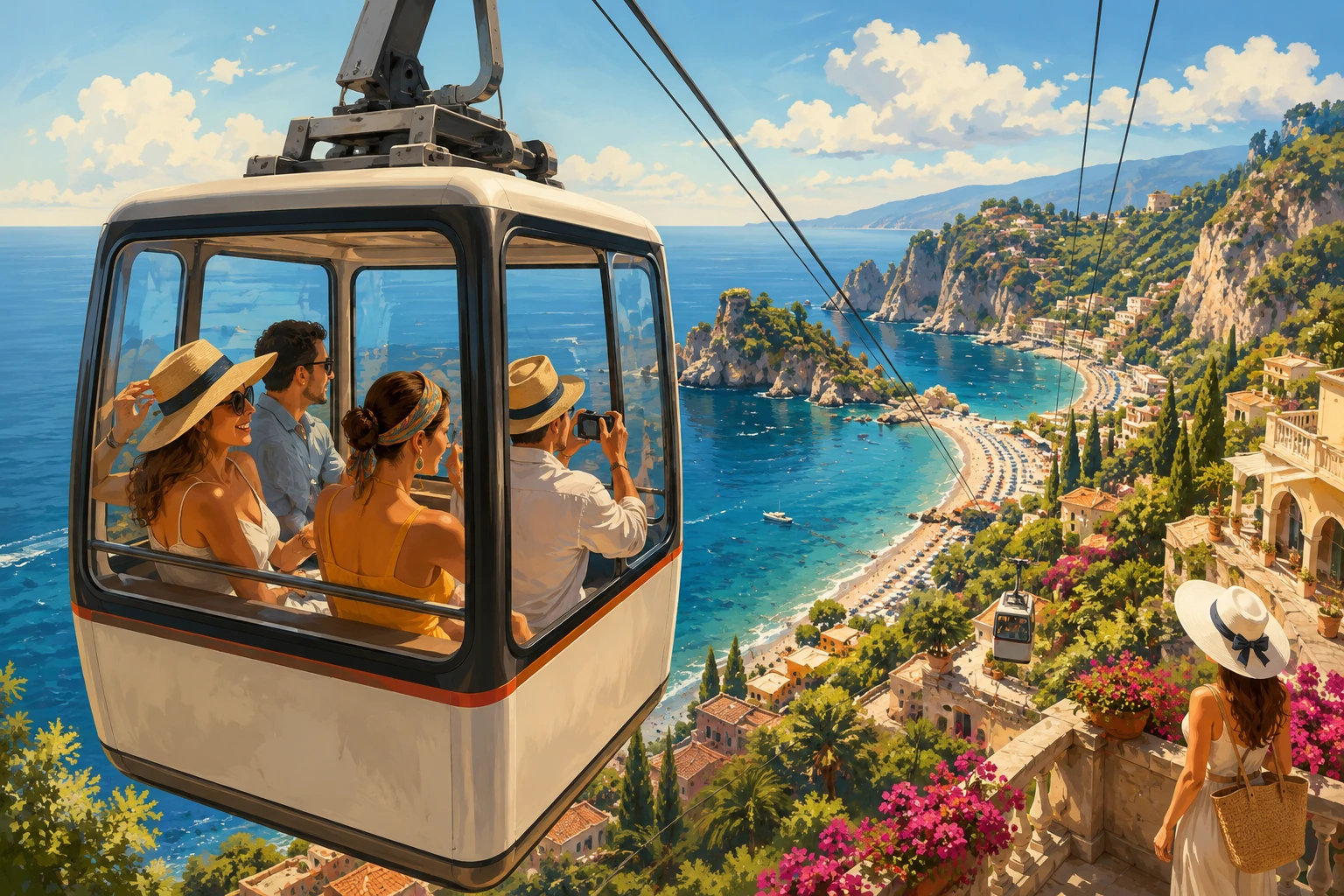 Illustration of Taormina's cable car descending toward Mazzaro Bay