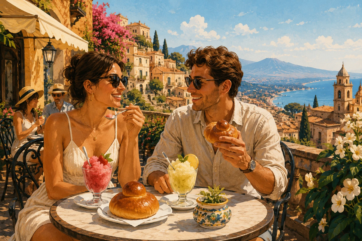 Illustration of Sicilian granita and brioche at a Taormina cafe