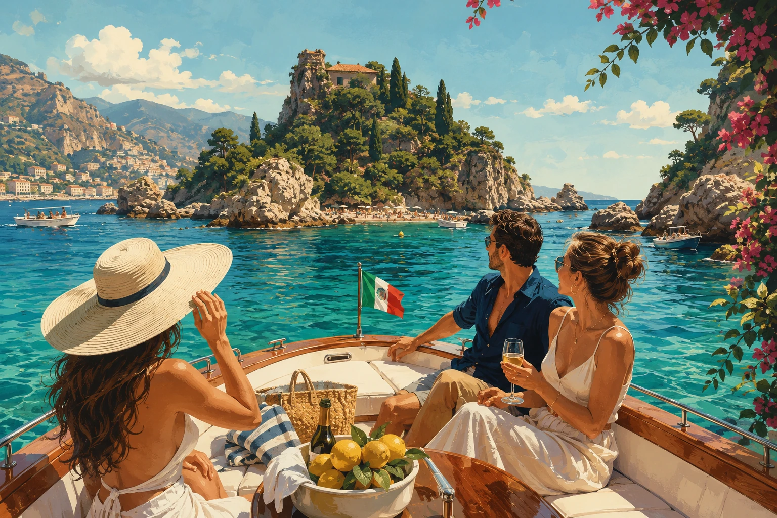 Illustration of a boat trip around Isola Bella below Taormina