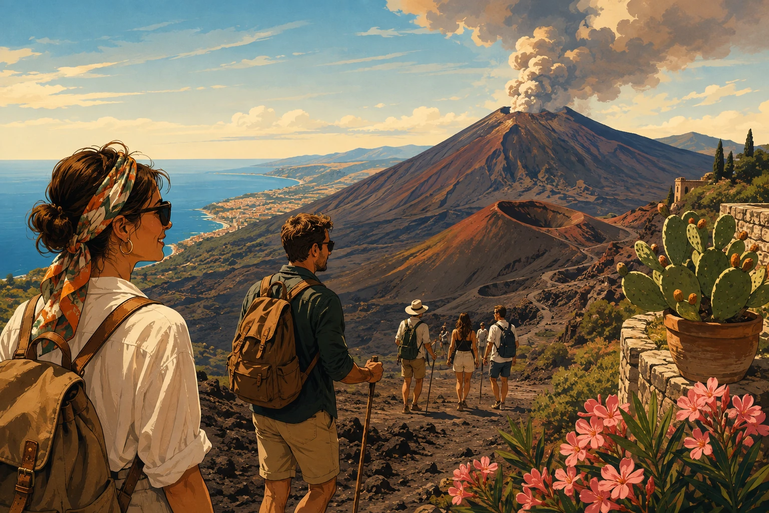 Illustration of travelers exploring Mount Etna from Taormina
