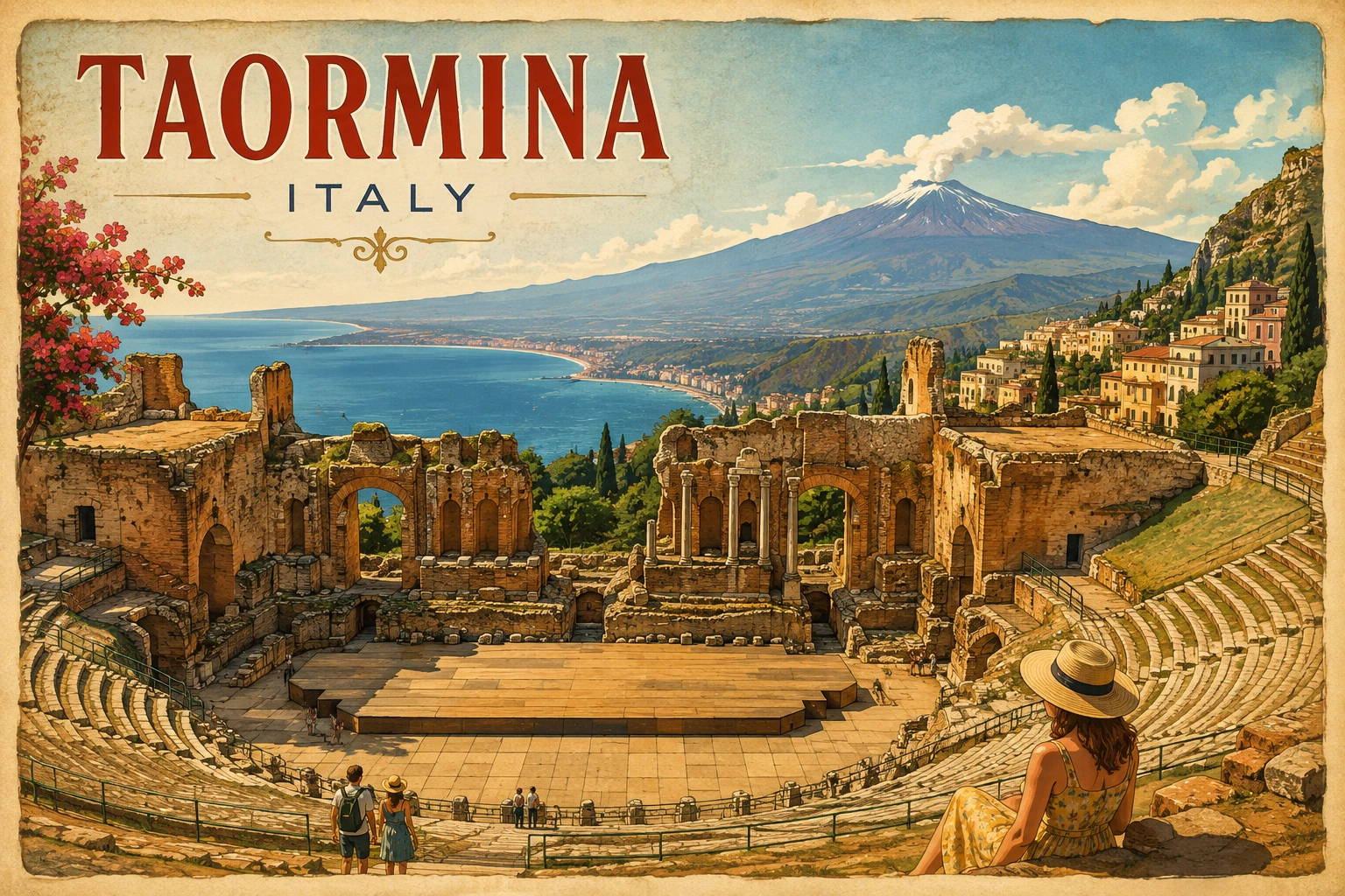 Illustration of Taormina's ancient Greek theatre with Mount Etna and the Ionian Sea