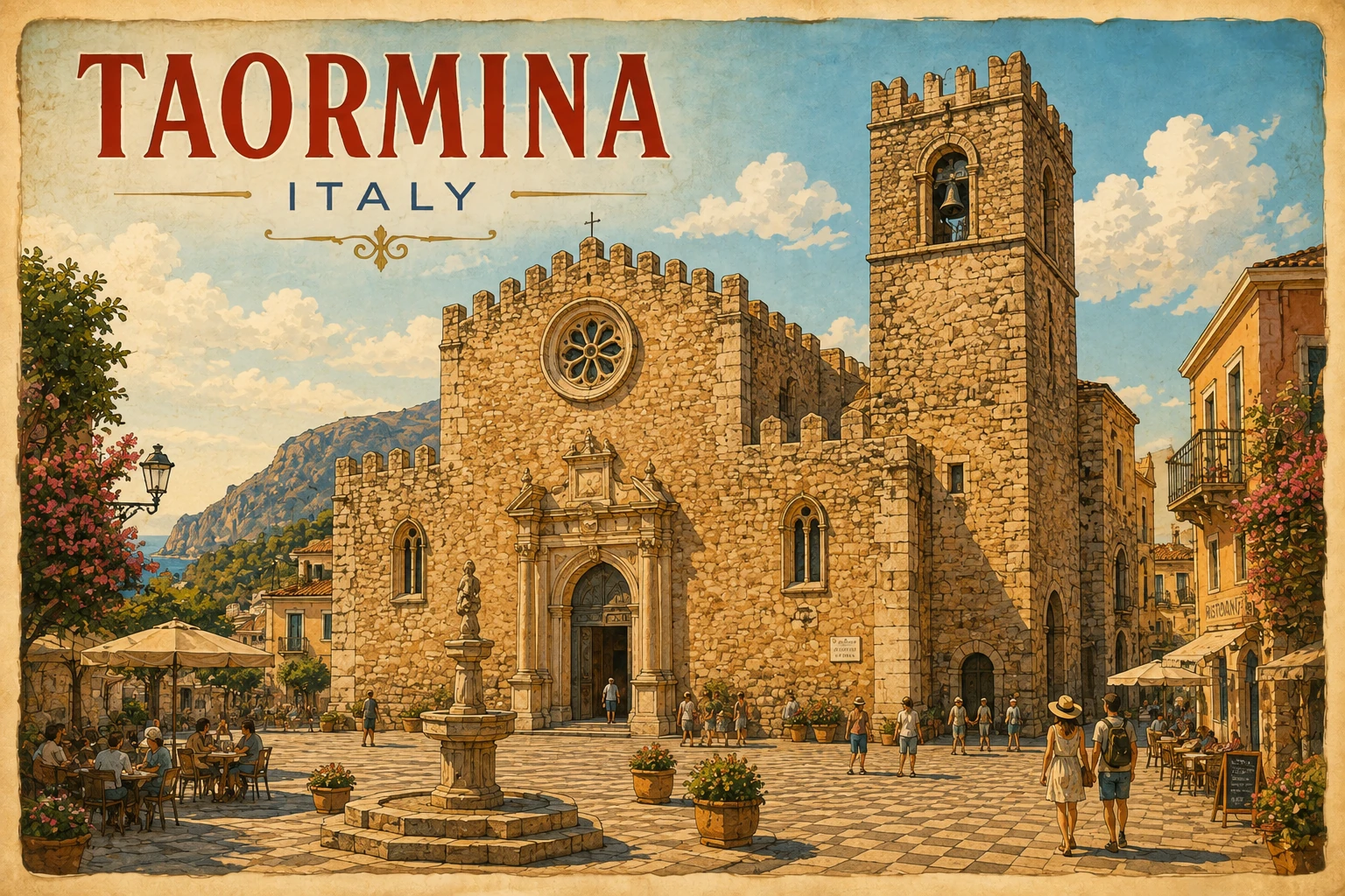 Illustration of Taormina Cathedral and the fountain in Piazza Duomo
