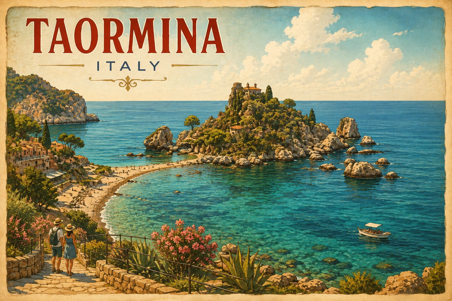 Illustration of Isola Bella and its turquoise bay below Taormina