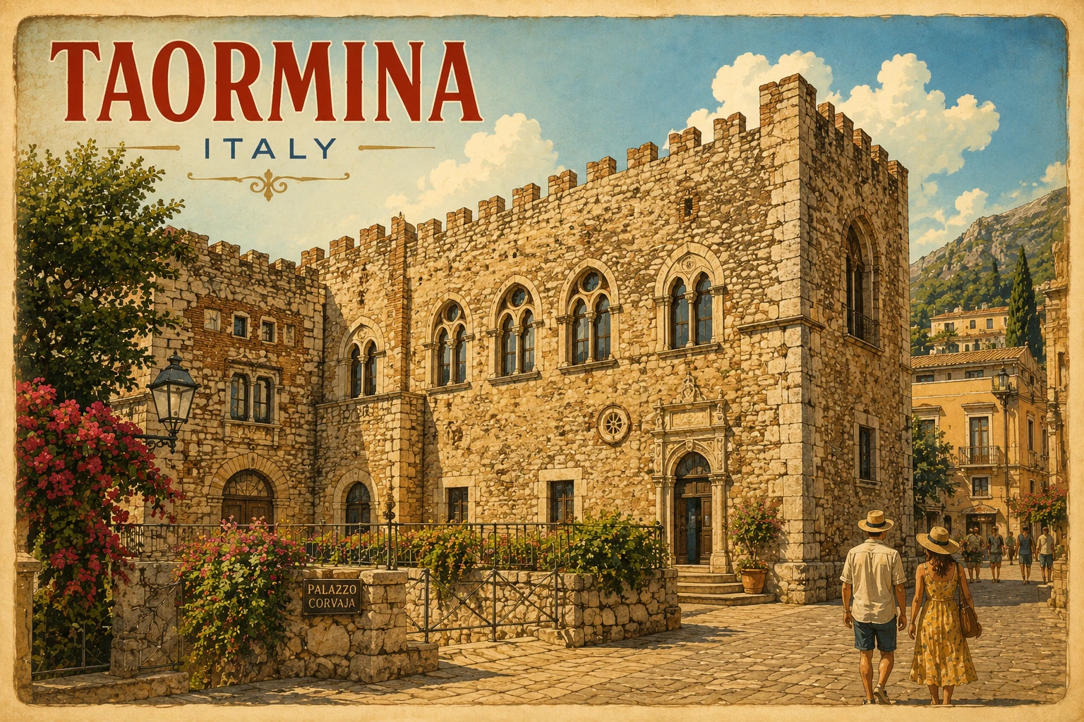 Illustration of Palazzo Corvaja's stone courtyard and historic architecture