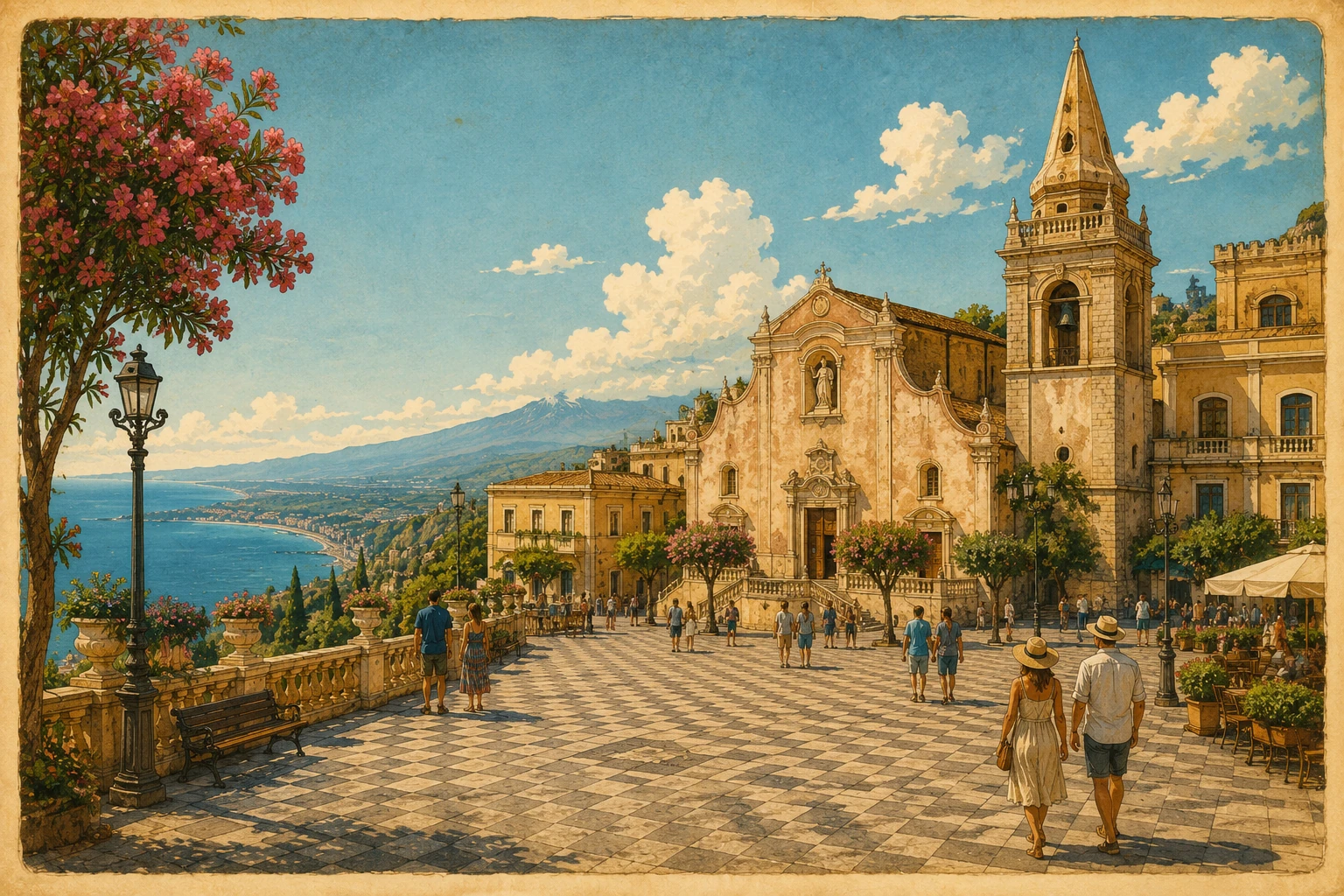 Illustration of Piazza IX Aprile and its panoramic terrace in Taormina