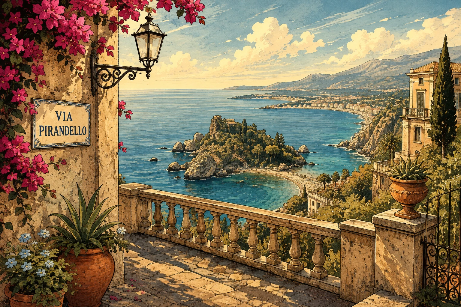 Illustration of the panoramic belvedere along Via Pirandello in Taormina