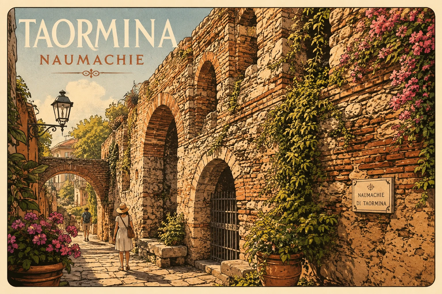 Illustration of the ancient brick wall known as the Naumachie in Taormina