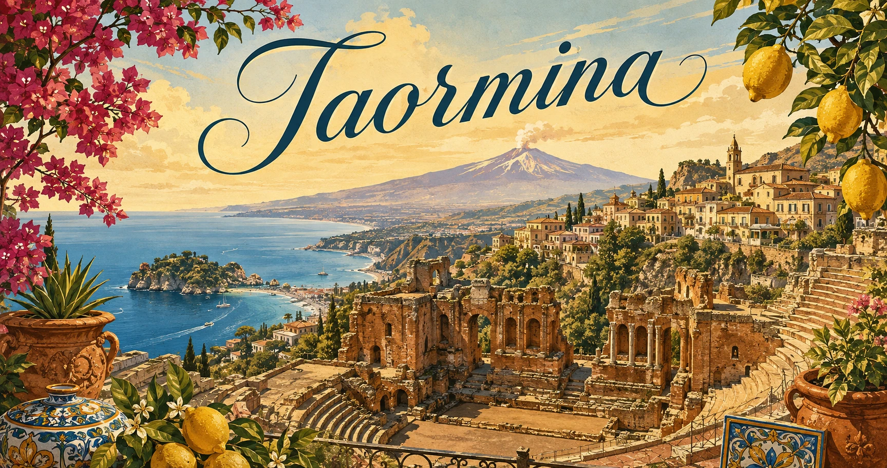 Illustrated panorama of Taormina with Mount Etna, the ancient theatre, Isola Bella, and the Ionian coast