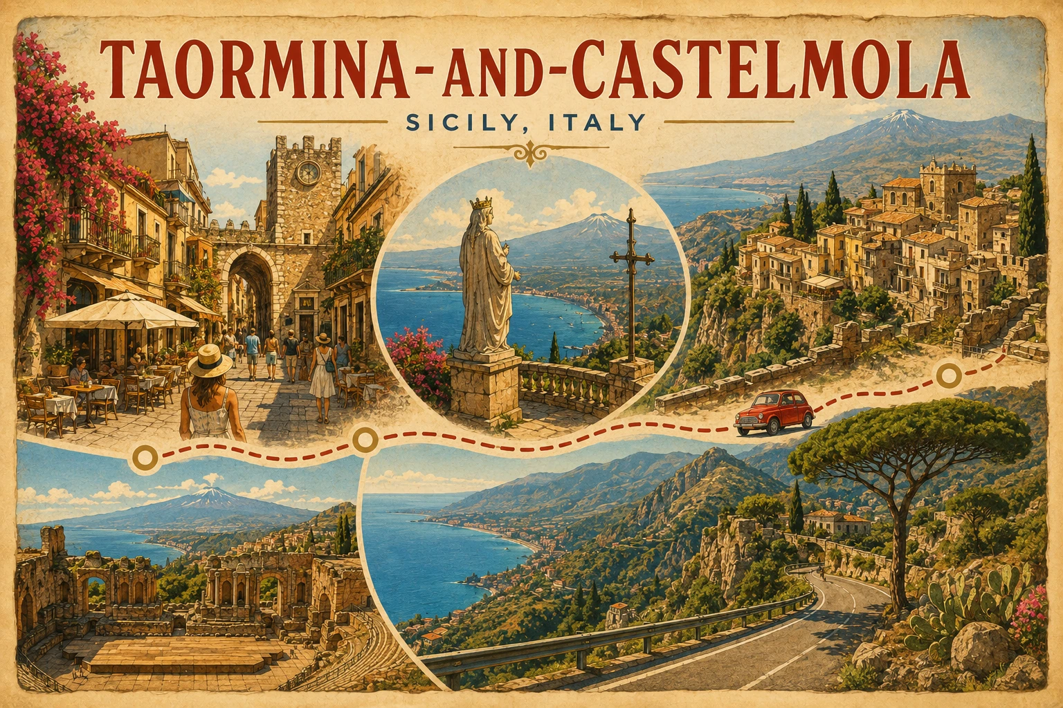 Illustrated route from Taormina uphill to Castelmola