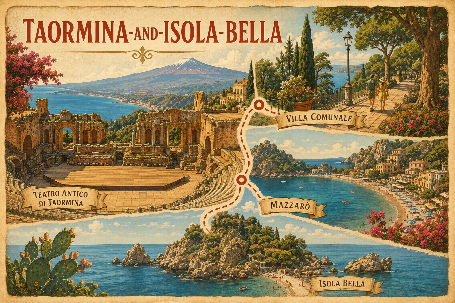 Illustrated route from Taormina to Isola Bella