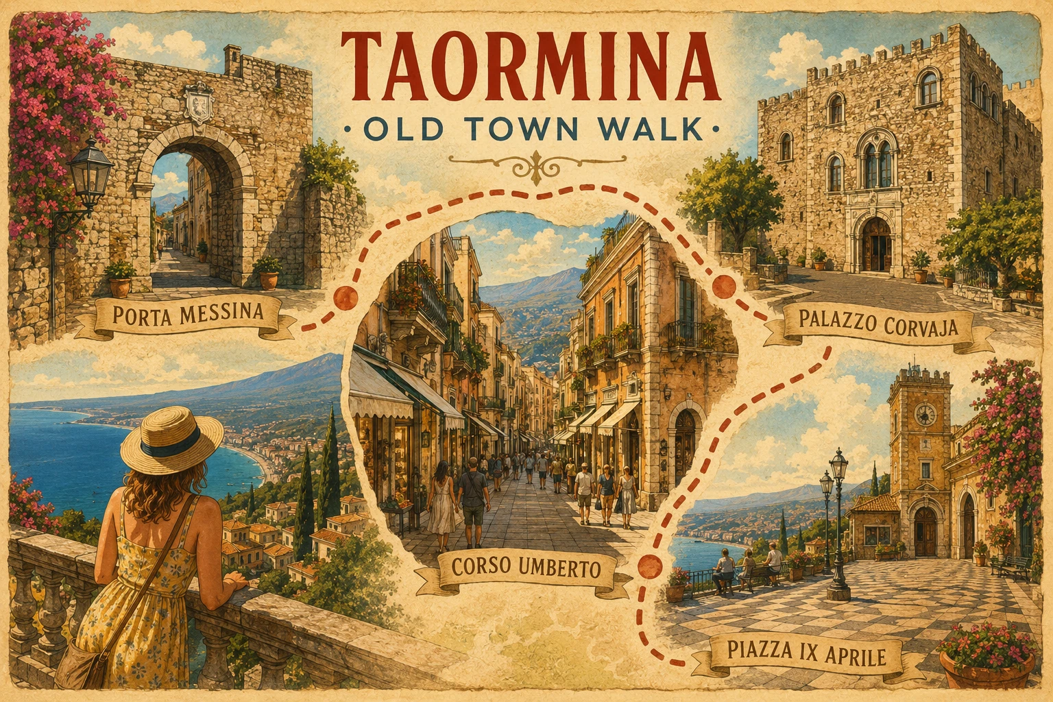 Illustrated walking route through Taormina's old town