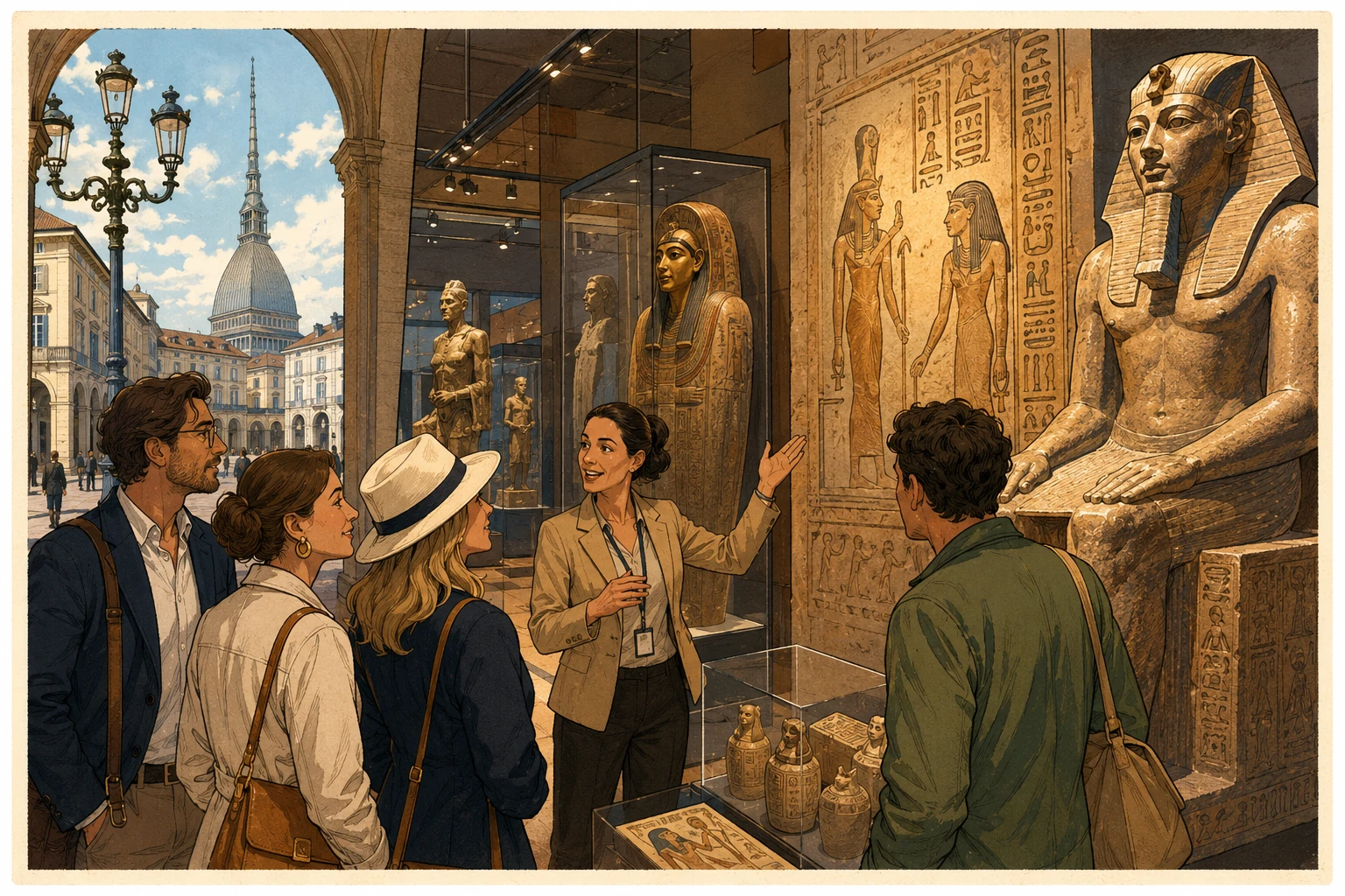 Illustration of a guided visit inside Turin's Egyptian Museum