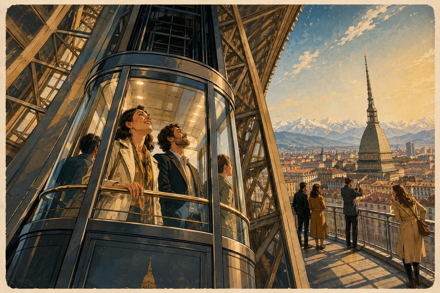 Illustration of the Mole Antonelliana lift and panoramic Turin skyline
