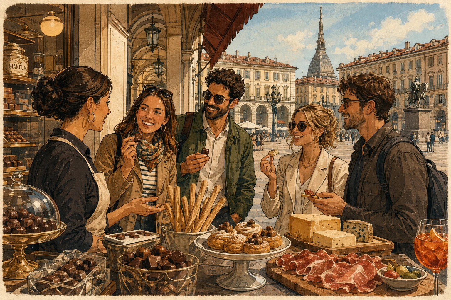 Illustration of a Turin food tour with market tastings, wine, and local dishes