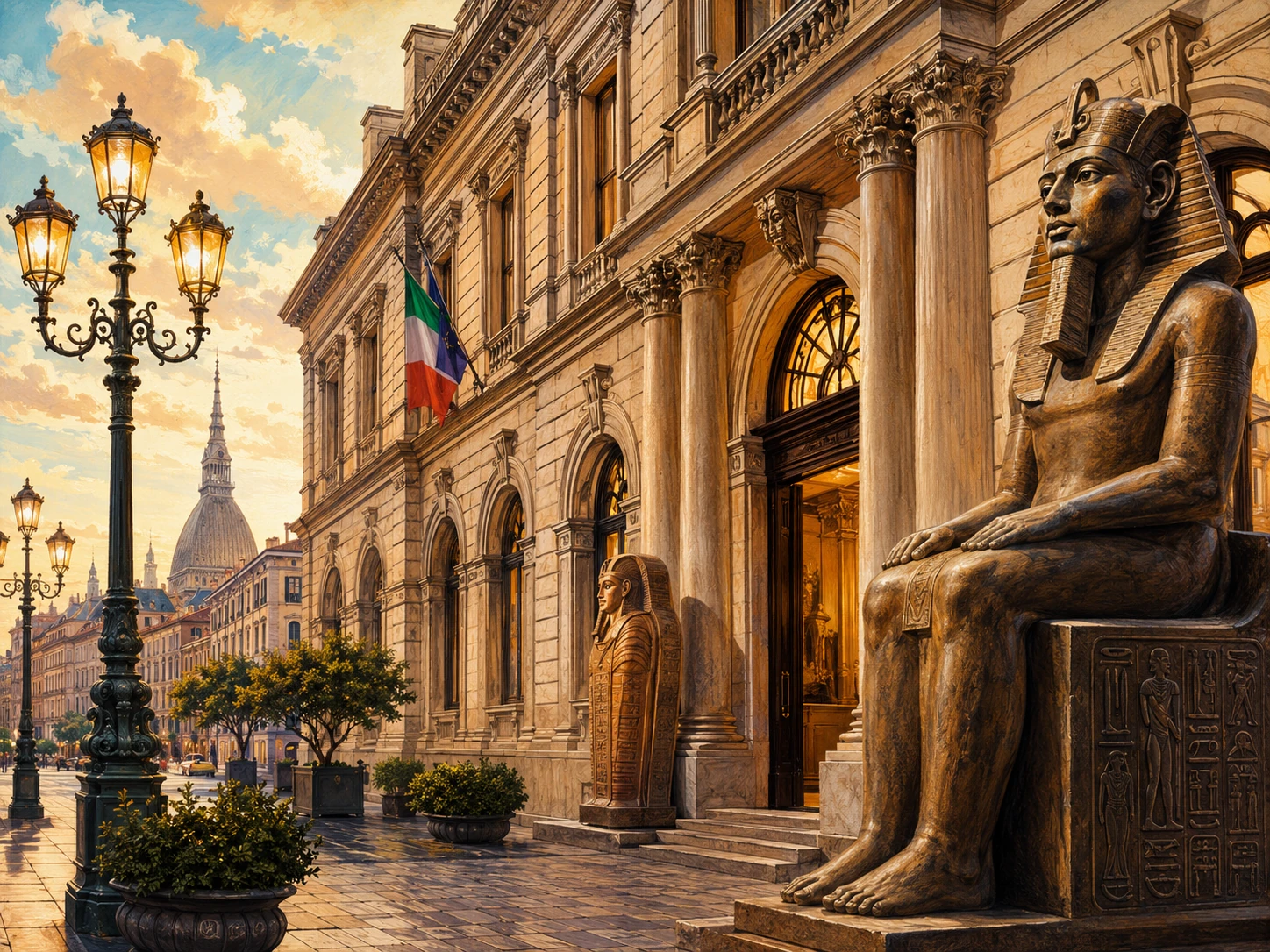 Illustration of Turin's Egyptian Museum with historic galleries and artifacts