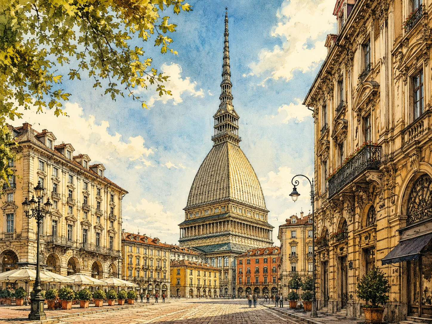 Illustration of the Mole Antonelliana rising above Turin rooftops