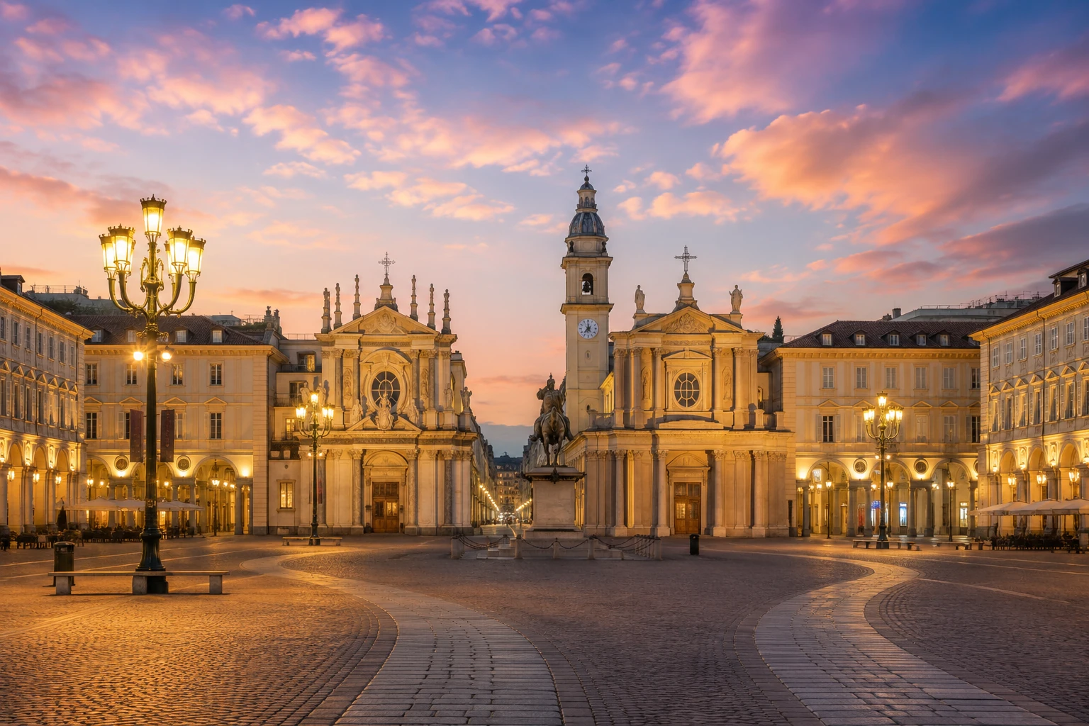 Illustration of Piazza San Carlo with arcades, cafes, and elegant Turin architecture