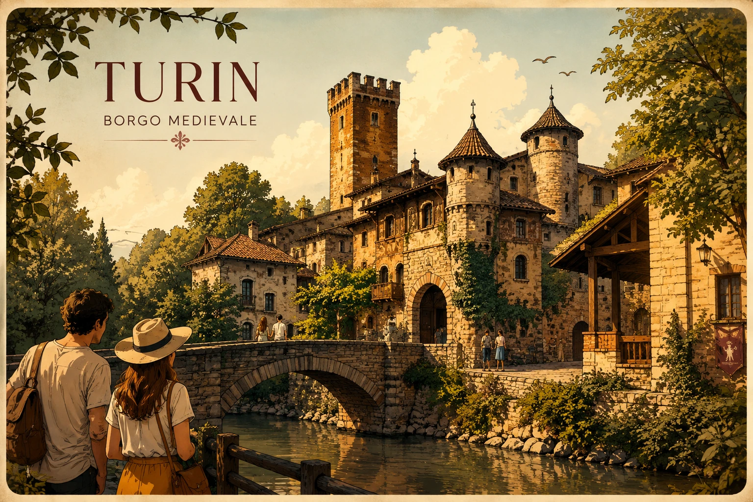Illustration of Borgo Medievale in Parco del Valentino beside the Po river